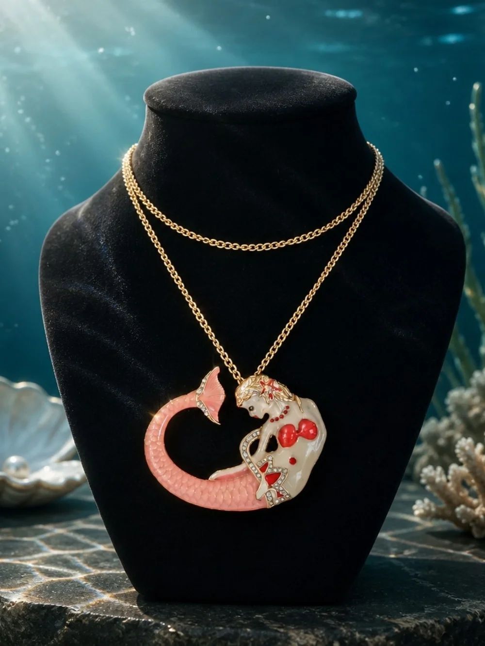 Betsey Johnson Gold-Tone Pink and Cream Mermaid Pendant Necklace